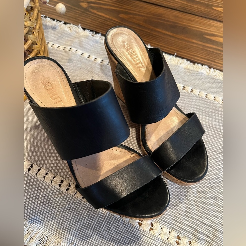 Schutz Black Women's Wedge Sandals with cork heels, size 7.5, summer, GUC